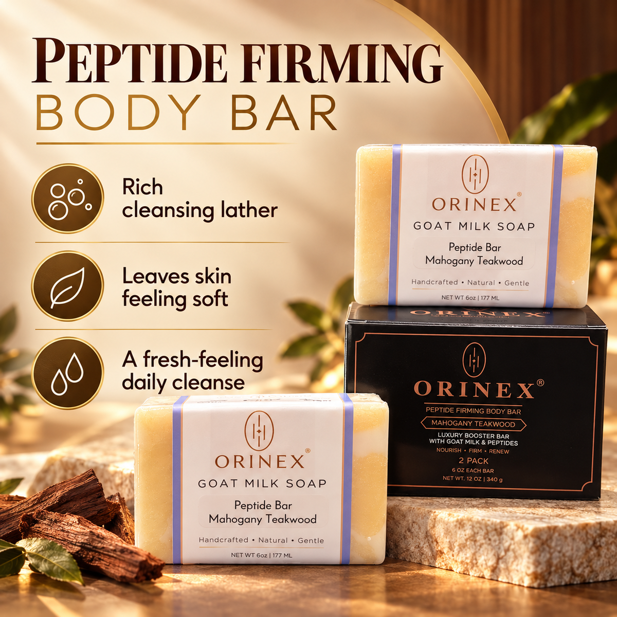 ORINEX Mahogany Teakwood Peptide Firming Body Bar — 2 Pack